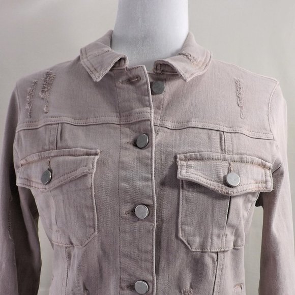 NWOT Dear John Beige Denim w Factory Distress & 4 Pockets Trucker Jean Jacket S - Picture 7 of 14